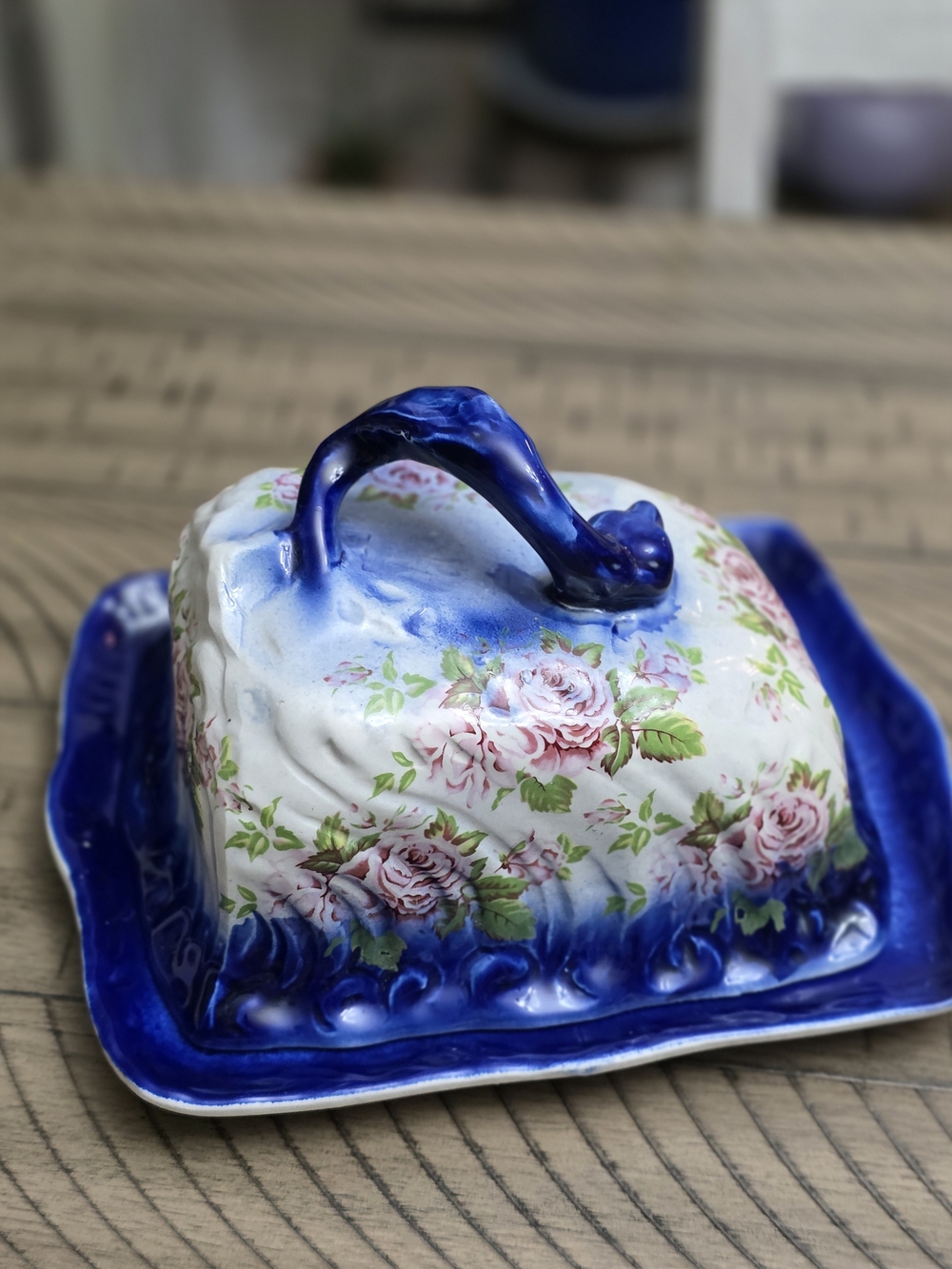 Vintage Blue Floral Ceramic Double Butter Dish with Handle